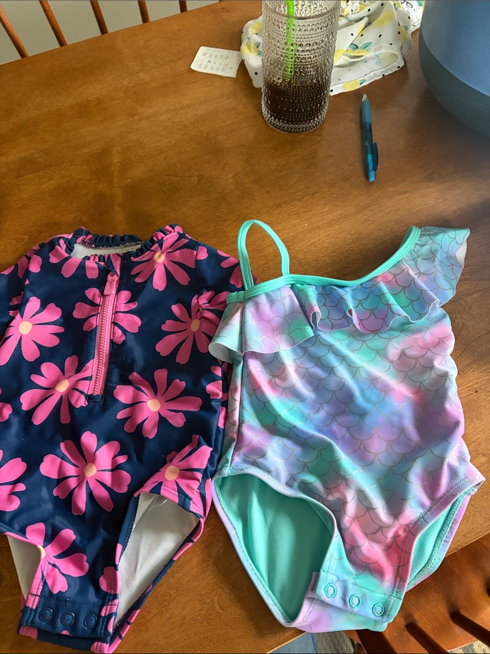 Carter's Girls Navy Pink Floral One-Piece & Pastel Mermaid One-Piece Swim Set